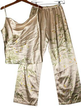 Beige Champagne Floral Satin Feel Polyester Pajama Set Size Medium
